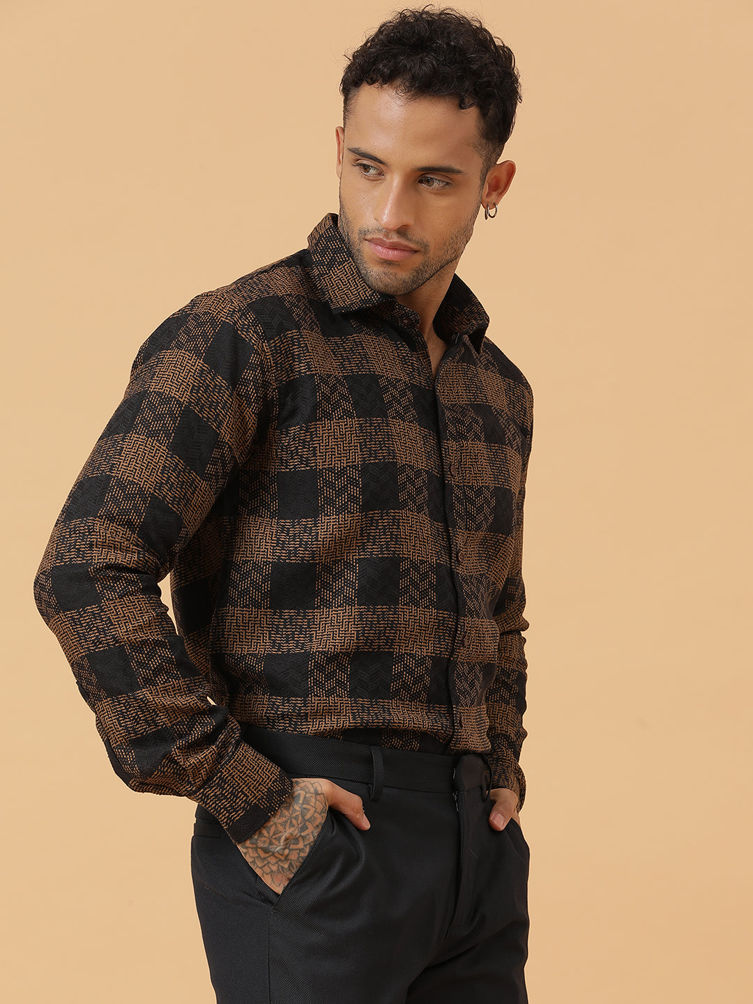 Black and Gold Embroidered Check Cotton Flannel Party Wear Shirt