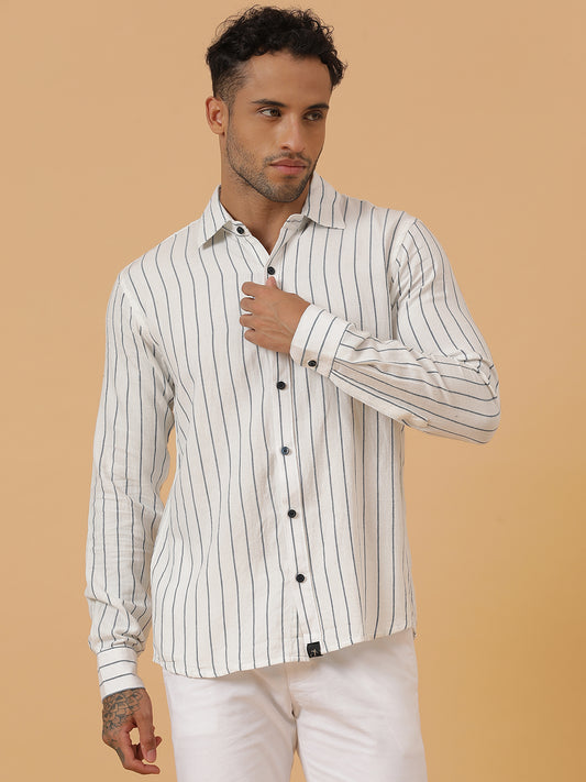 White and Blue Striped Cotton Flannel Party Wear Shirt