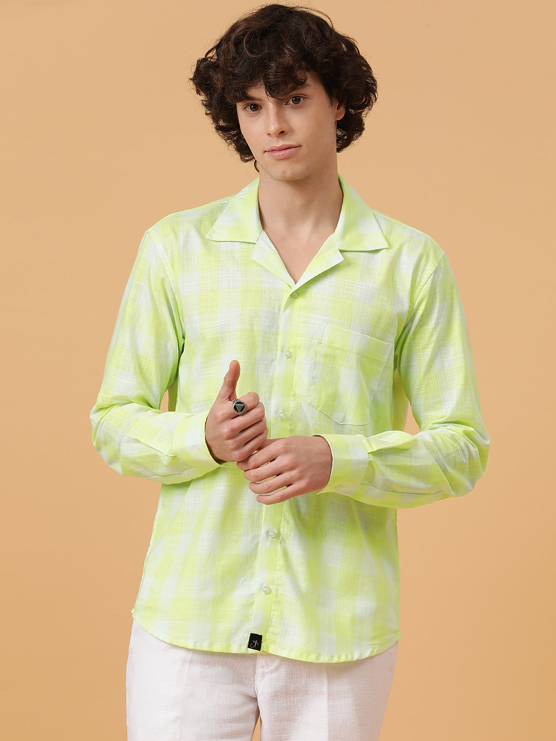 Yellow White Linen Checks Regular Fit Party Wear Shirt JAVINISHKA