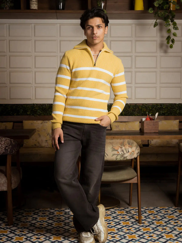 Yellow Stripes Designer Collared Zipper Knitted Sweater