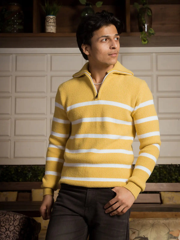 Yellow Stripes Designer Collared Zipper Knitted Sweater
