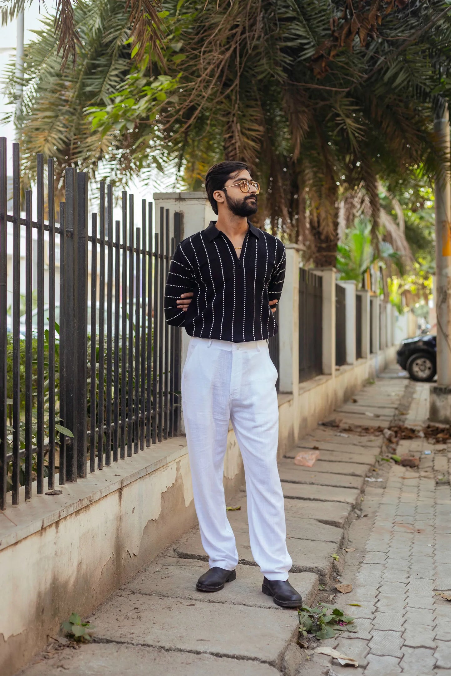 Black with White Sewing Stripes Polo Neck Quarter Zip Sweater