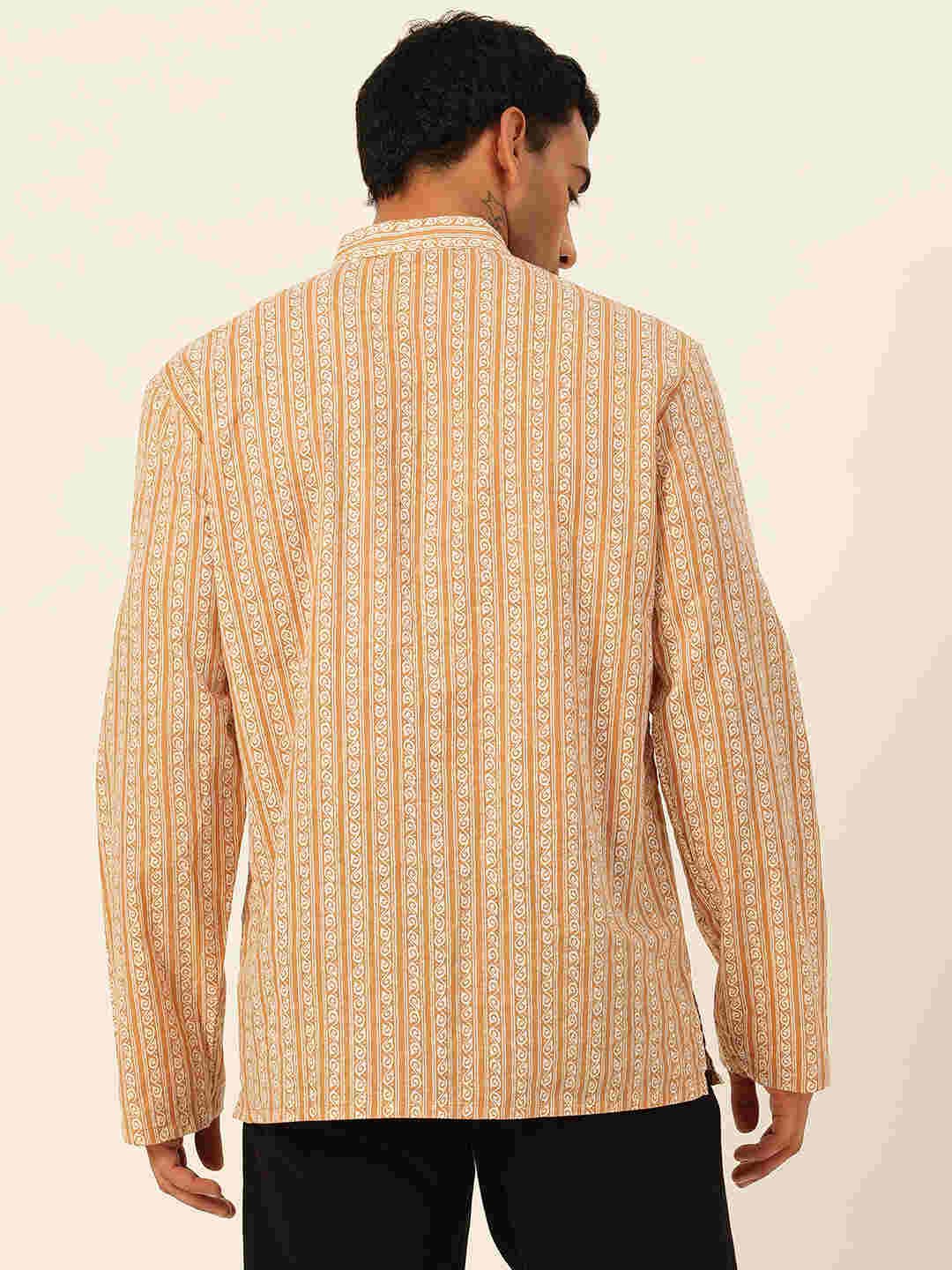 Premium Mustard & White Geometrical Striped Handblock Printed Short Kurta
