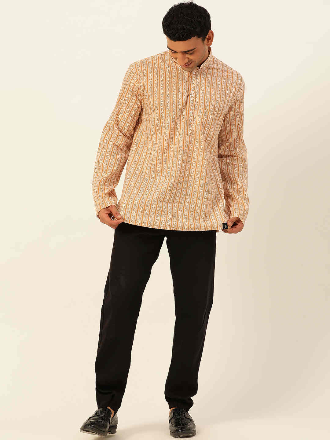 Premium Mustard & White Geometrical Striped Handblock Printed Short Kurta