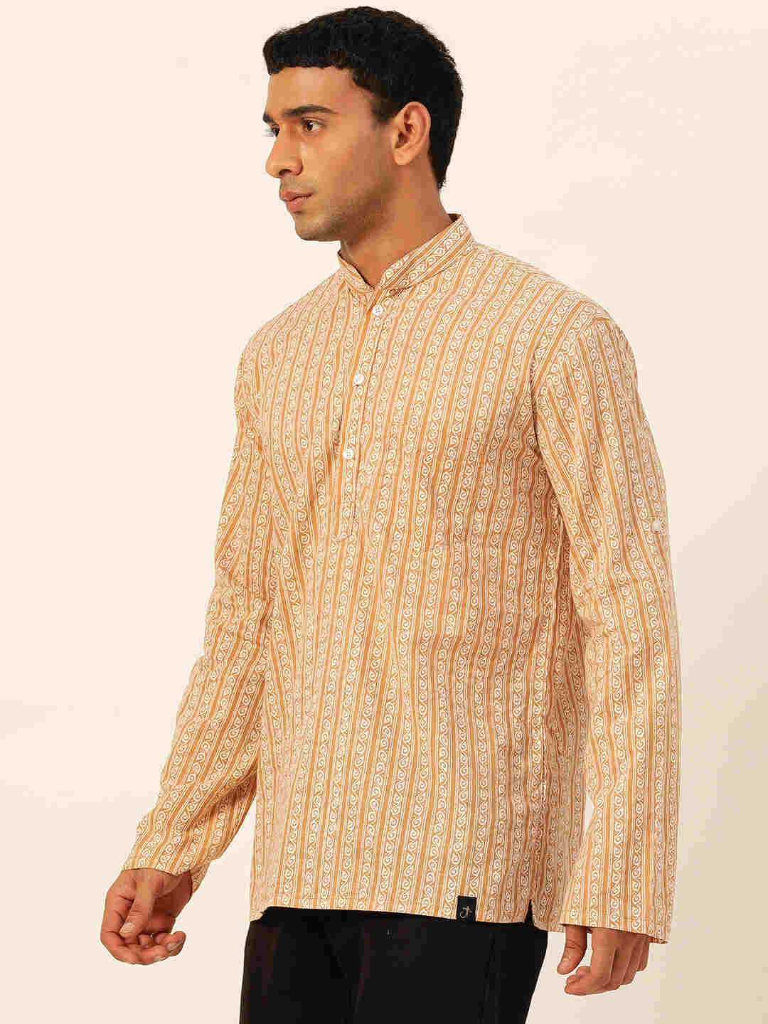Premium Mustard & White Geometrical Striped Handblock Printed Short Kurta