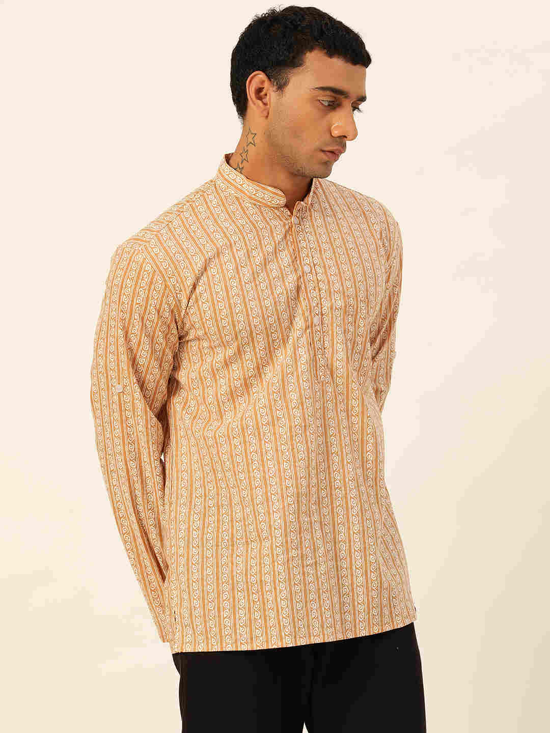 Premium Mustard & White Geometrical Striped Handblock Printed Short Kurta