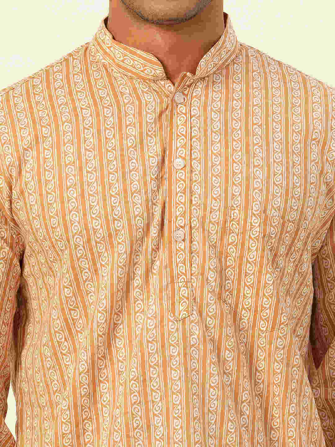 Premium Mustard & White Geometrical Striped Handblock Printed Short Kurta
