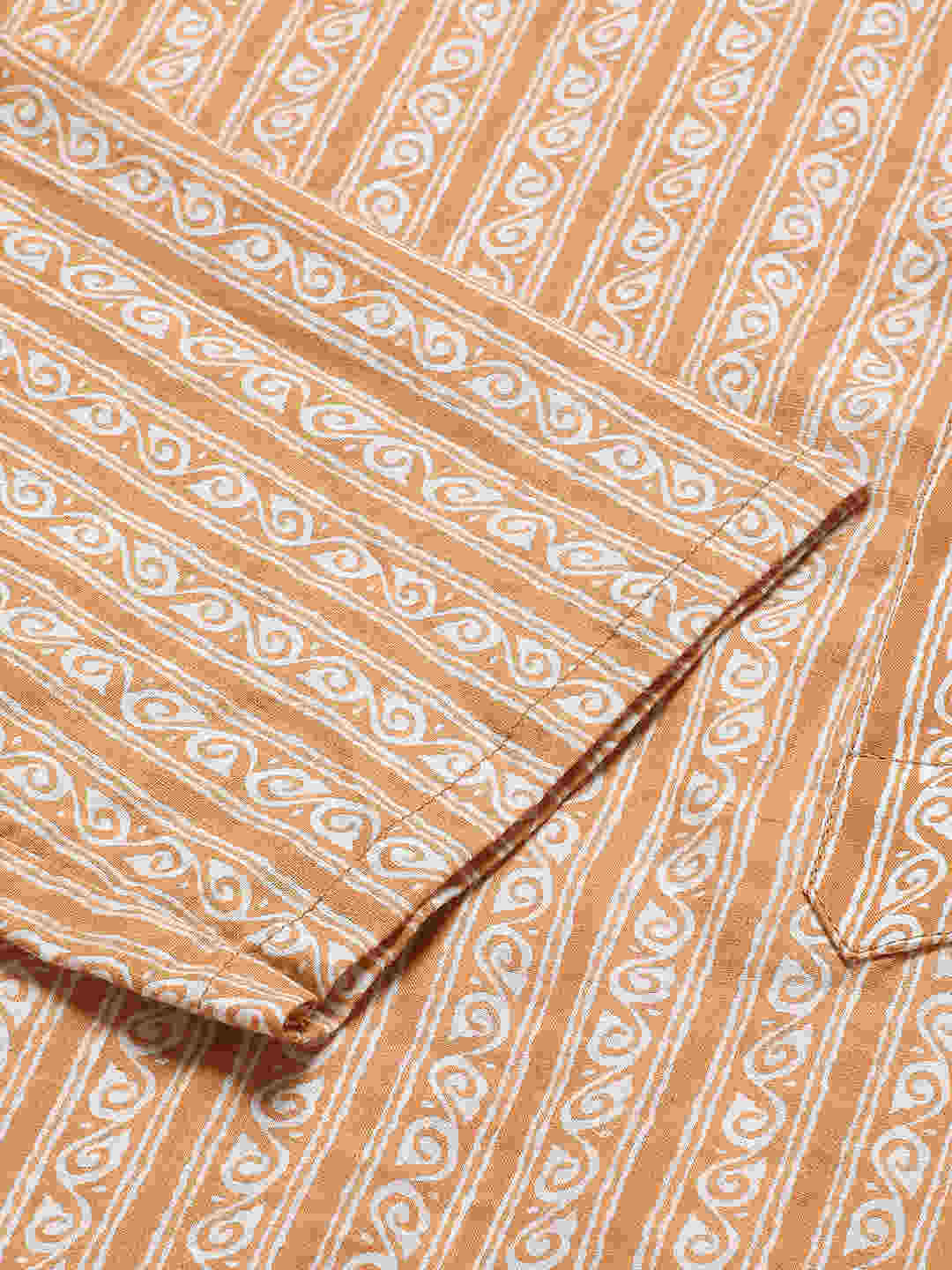 Premium Mustard & White Geometrical Striped Handblock Printed Short Kurta