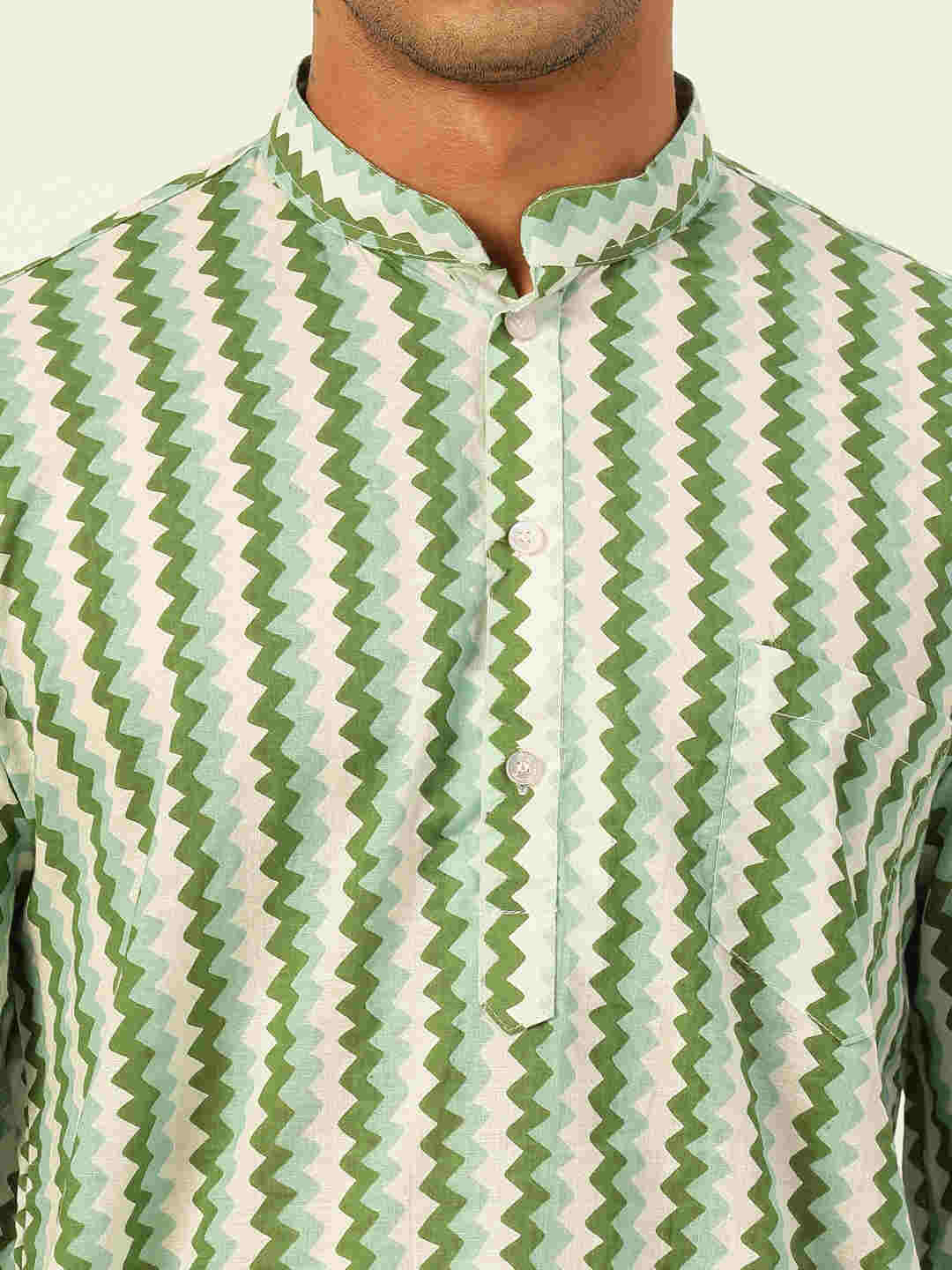 Premium White & Green Zig Zag Handblock Printed Short Kurta
