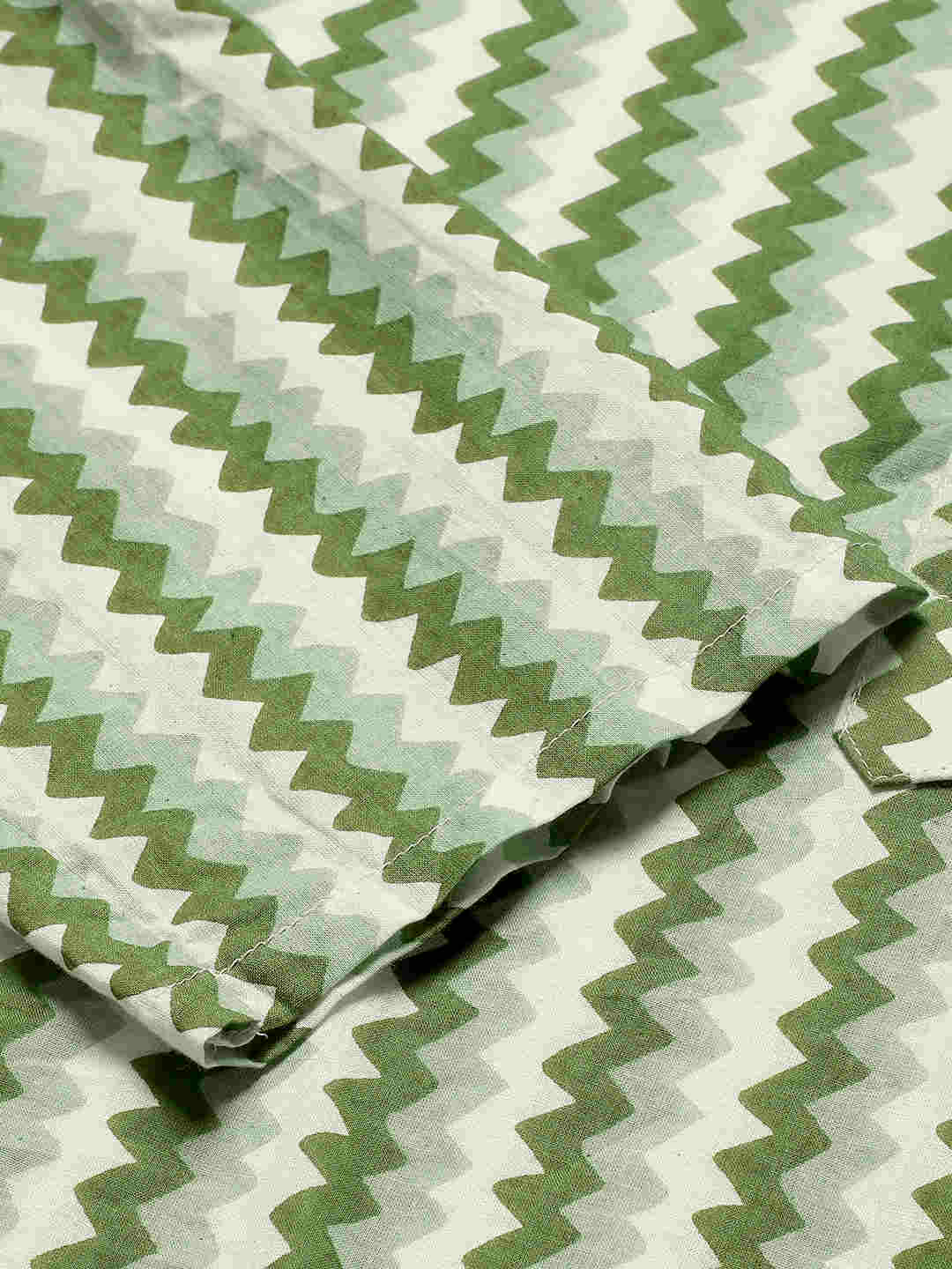 Premium White & Green Zig Zag Handblock Printed Short Kurta