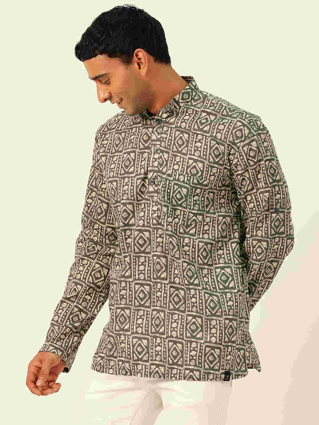 Premium Dark Green & White Blocks Handblock Printed Short Kurta