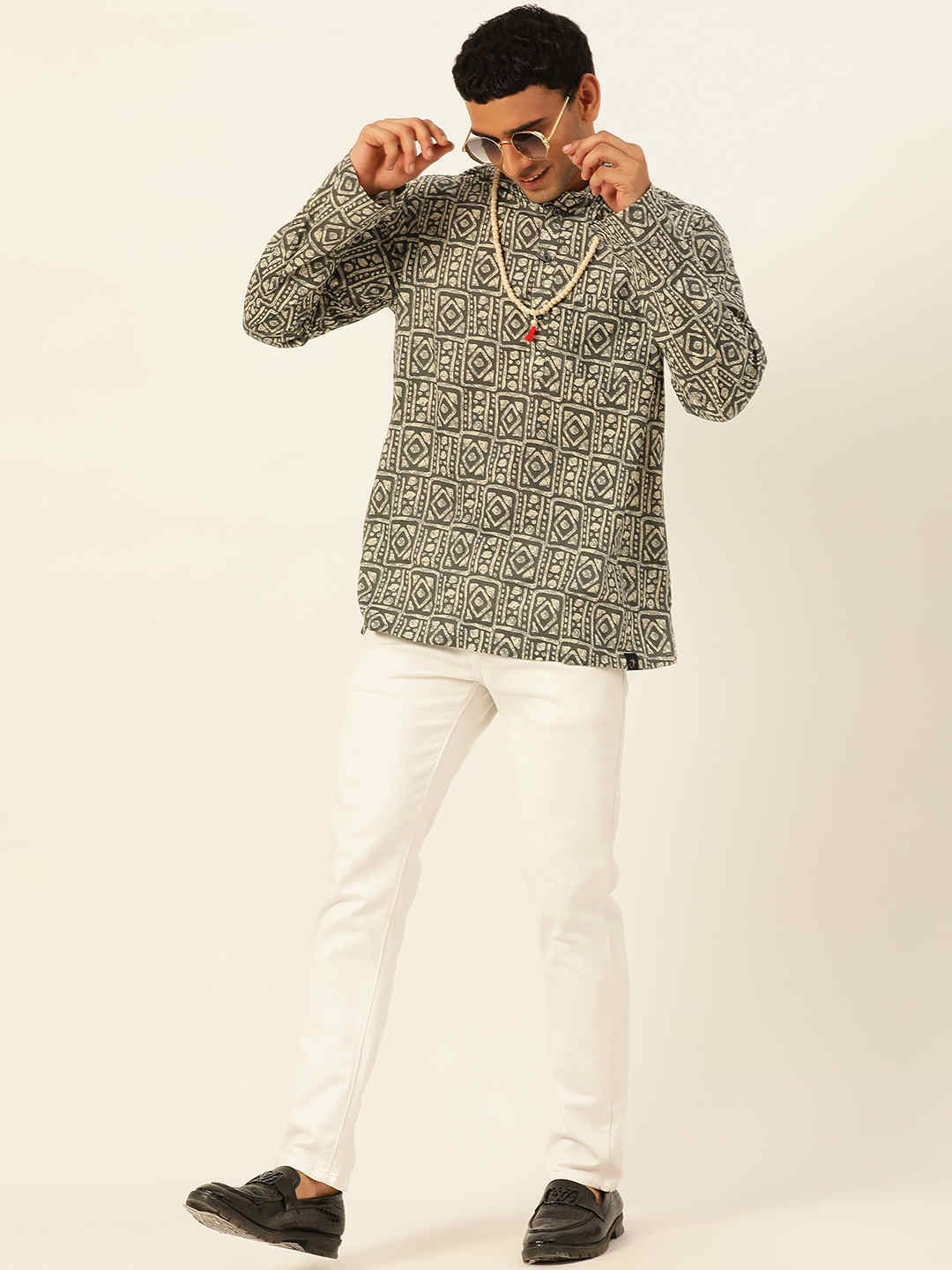 Premium Dark Green & White Blocks Handblock Printed Short Kurta