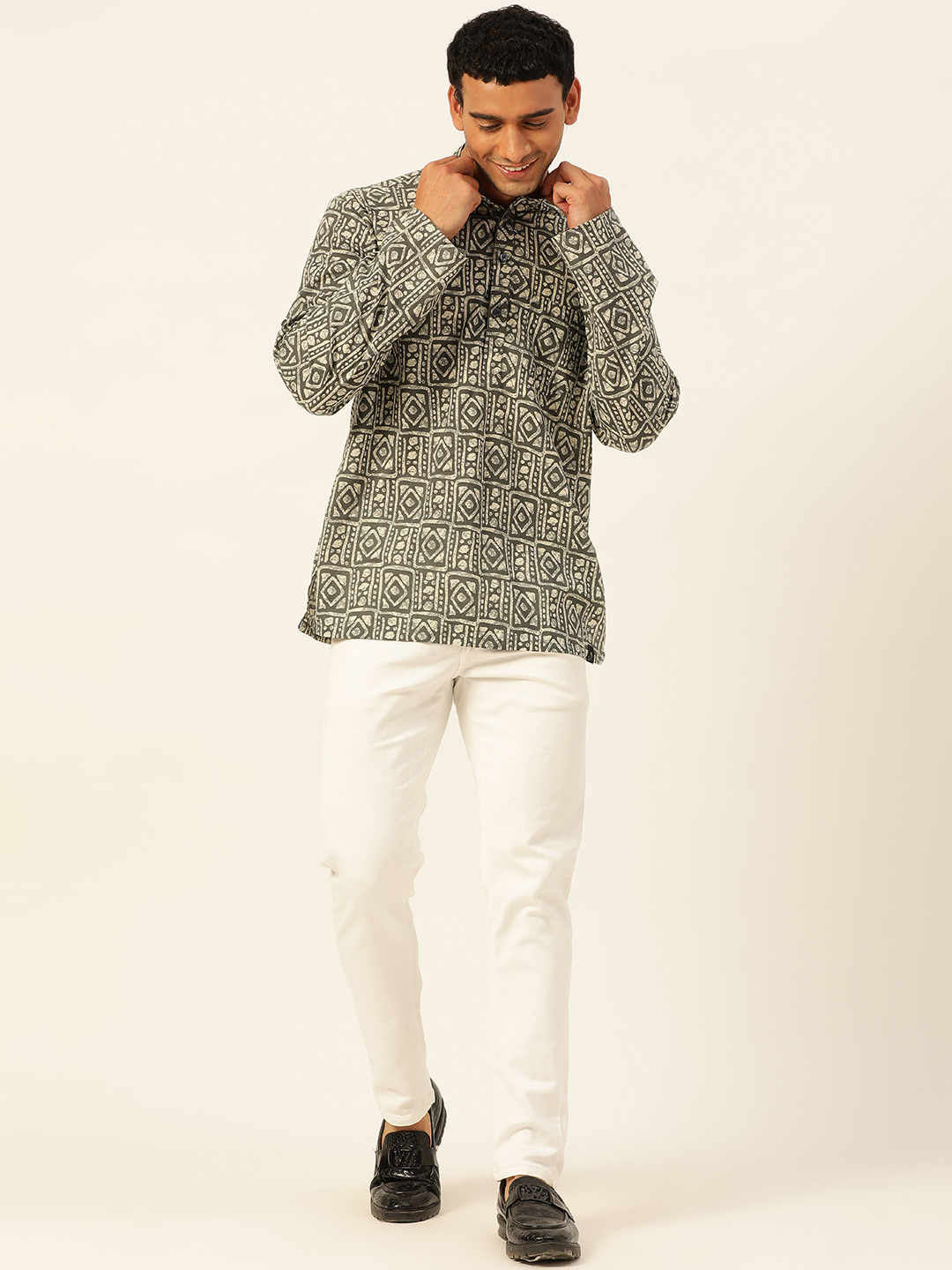 Premium Dark Green & White Blocks Handblock Printed Short Kurta