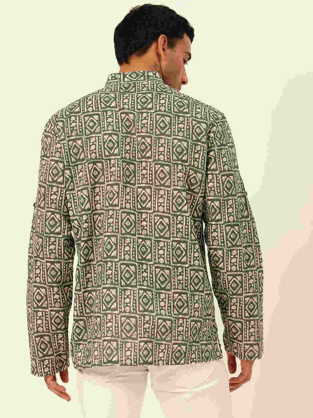 Premium Dark Green & White Blocks Handblock Printed Short Kurta
