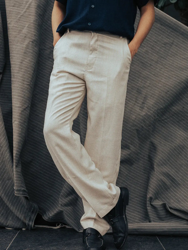Beige Textured Linen High-Waist Korean Fit Pants