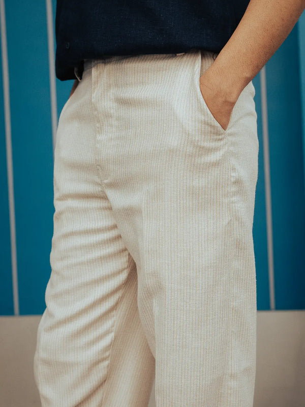 Beige Textured Linen High-Waist Korean Fit Pants