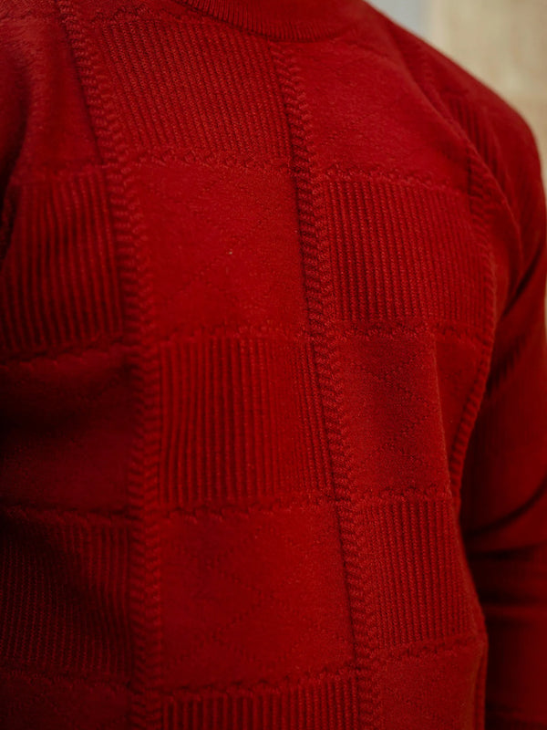Brick Red Checkered Round Neck Sweater