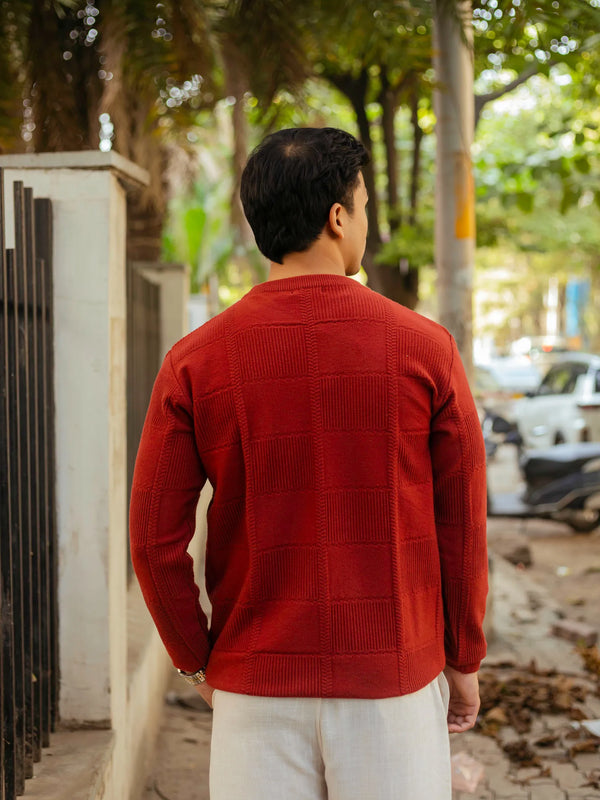 Brick Red Checkered Round Neck Sweater