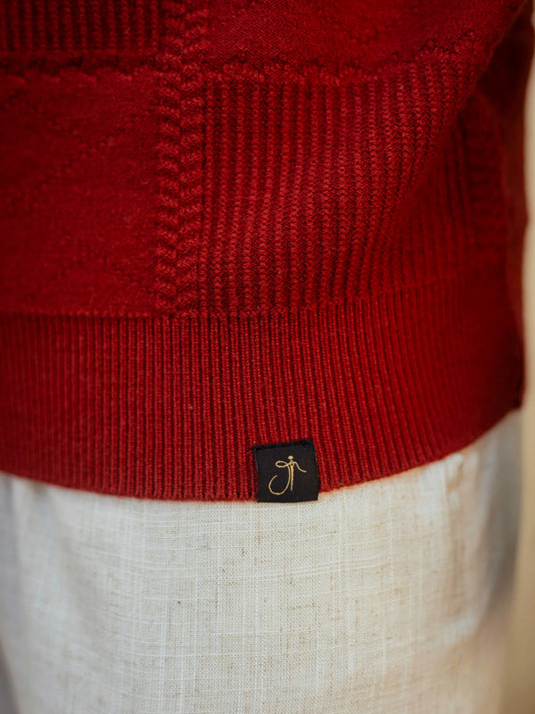 Brick Red Checkered Round Neck Sweater
