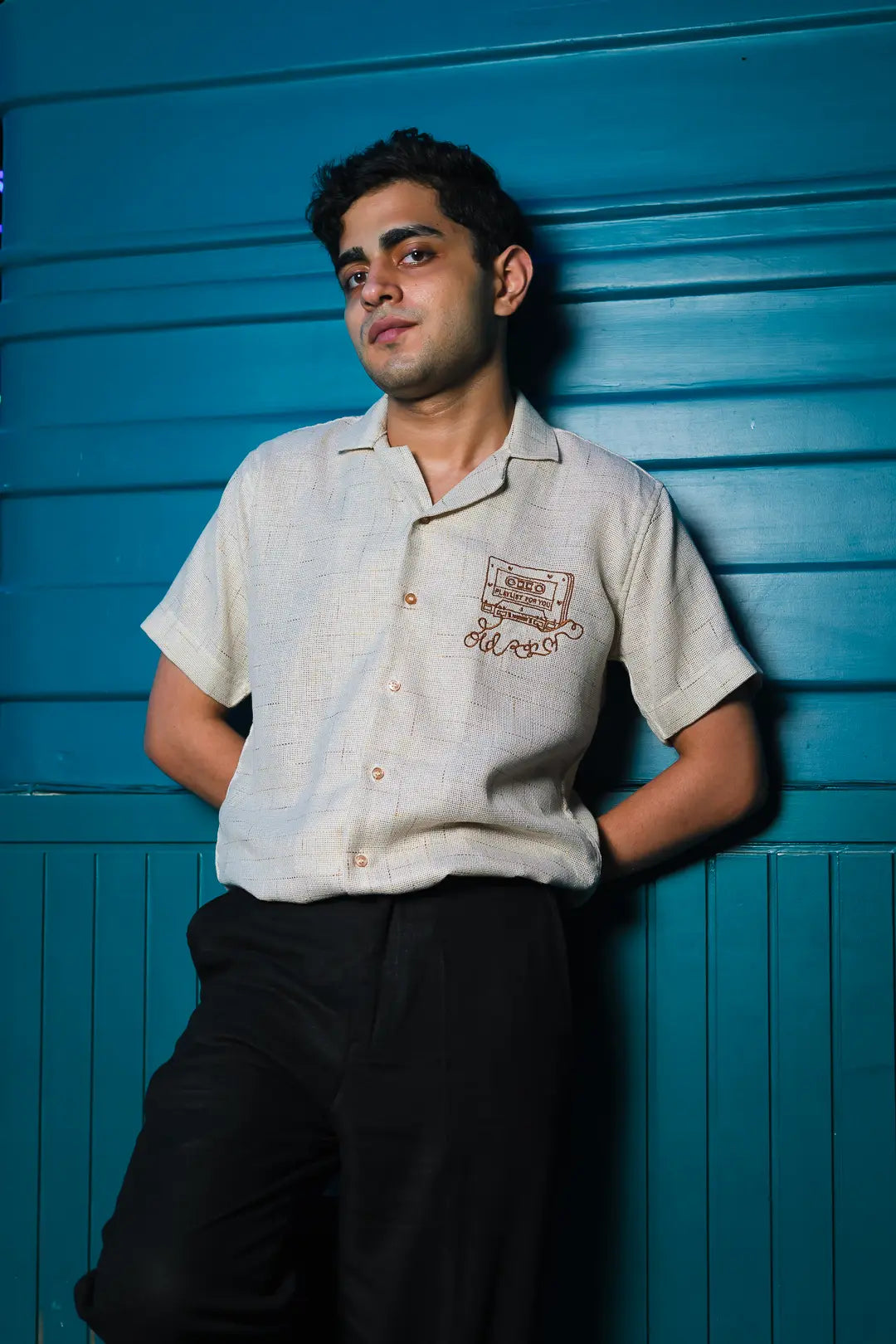 Beige Jute Old School Embroidered Linen Shirt