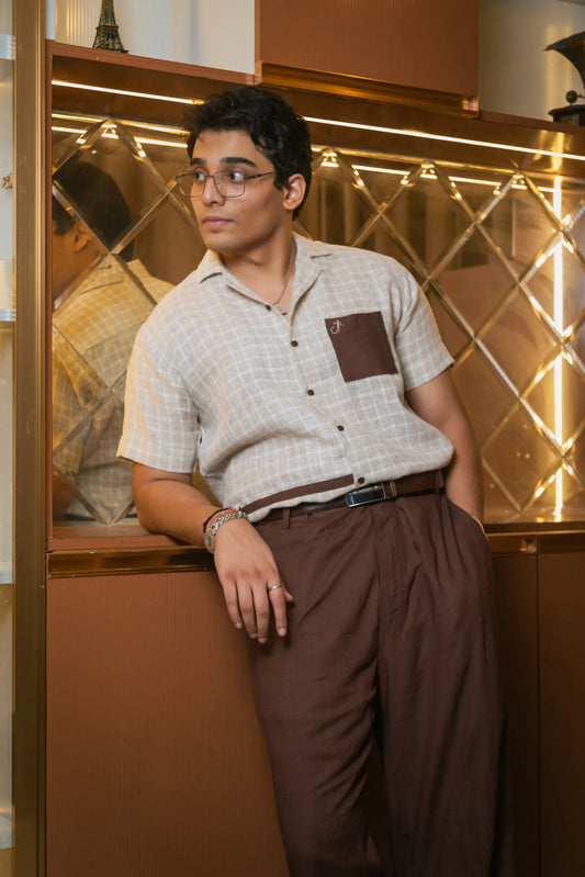 Beige Designer Jute Colour-block Brown Detailing Linen Shirt