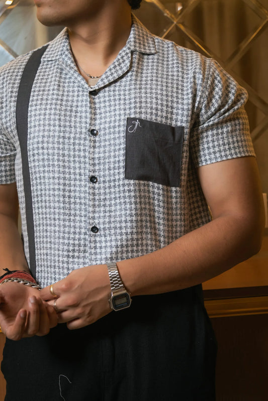 Light Grey Designer Jute Colourblock Dark Grey Detailing Linen Shirt