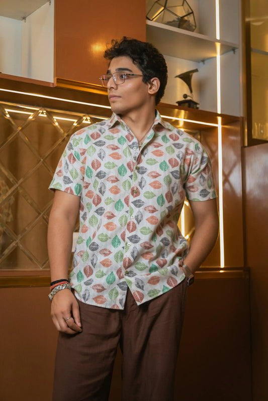 Tropical Leaf Printed Linen Blend Shirt