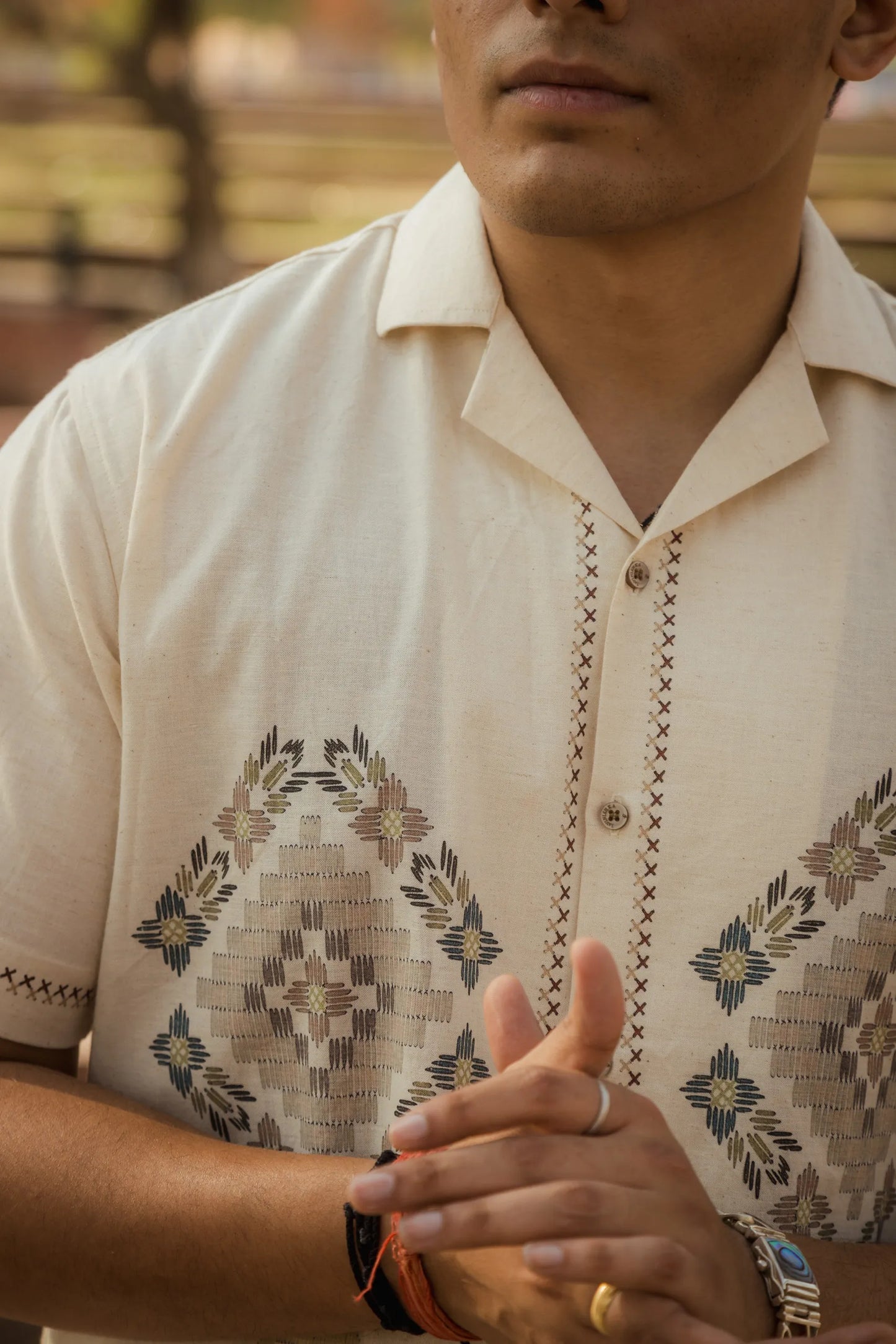 Threads of Time - Placement Printed Linen Designer Shirt