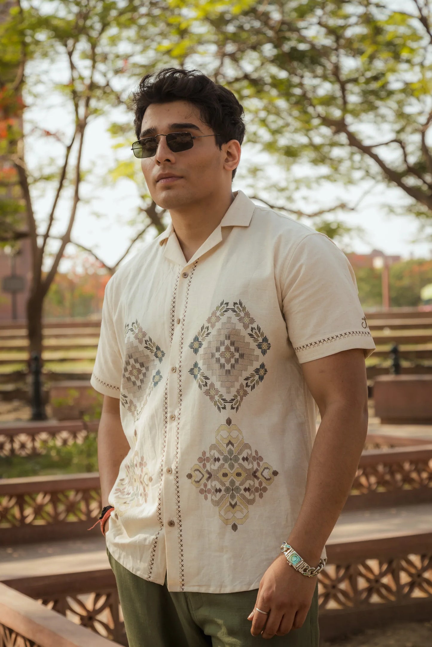 Threads of Time - Placement Printed Linen Designer Shirt