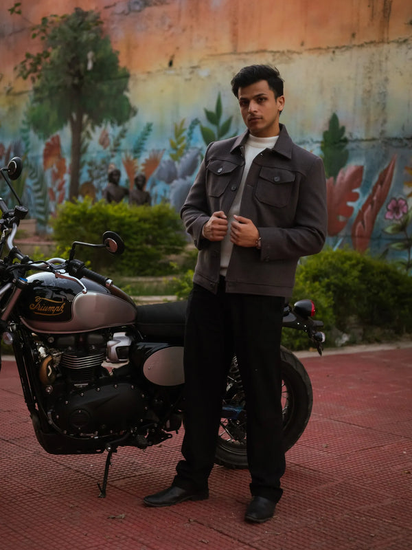 Men Trucker Jacket with Slant Kangaroo Pockets