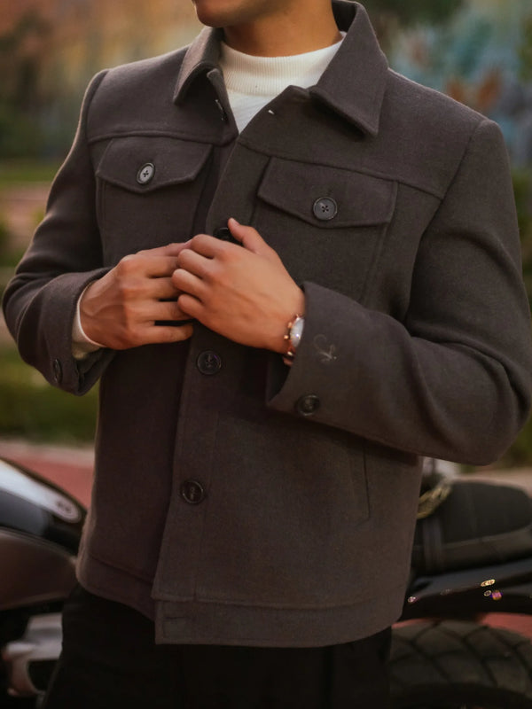 Men Trucker Jacket with Slant Kangaroo Pockets