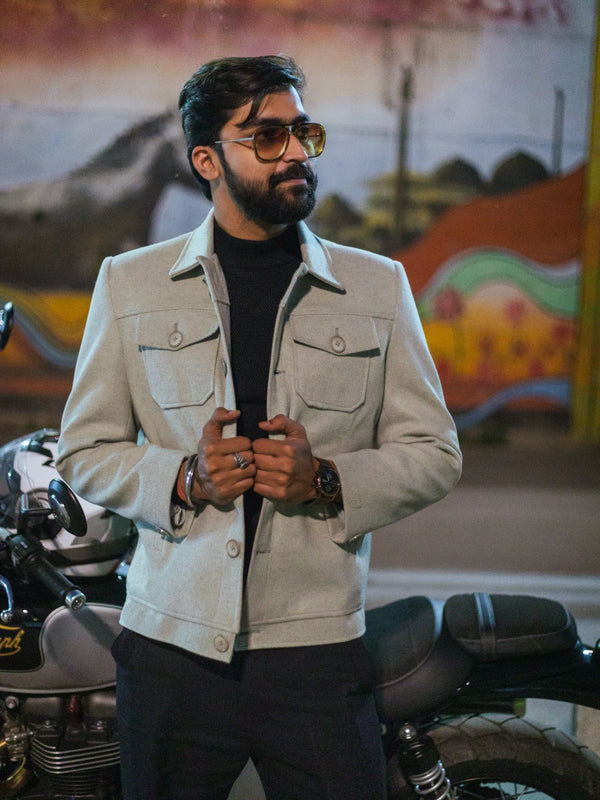 Men Trucker Jacket with Slant Kangaroo Pockets