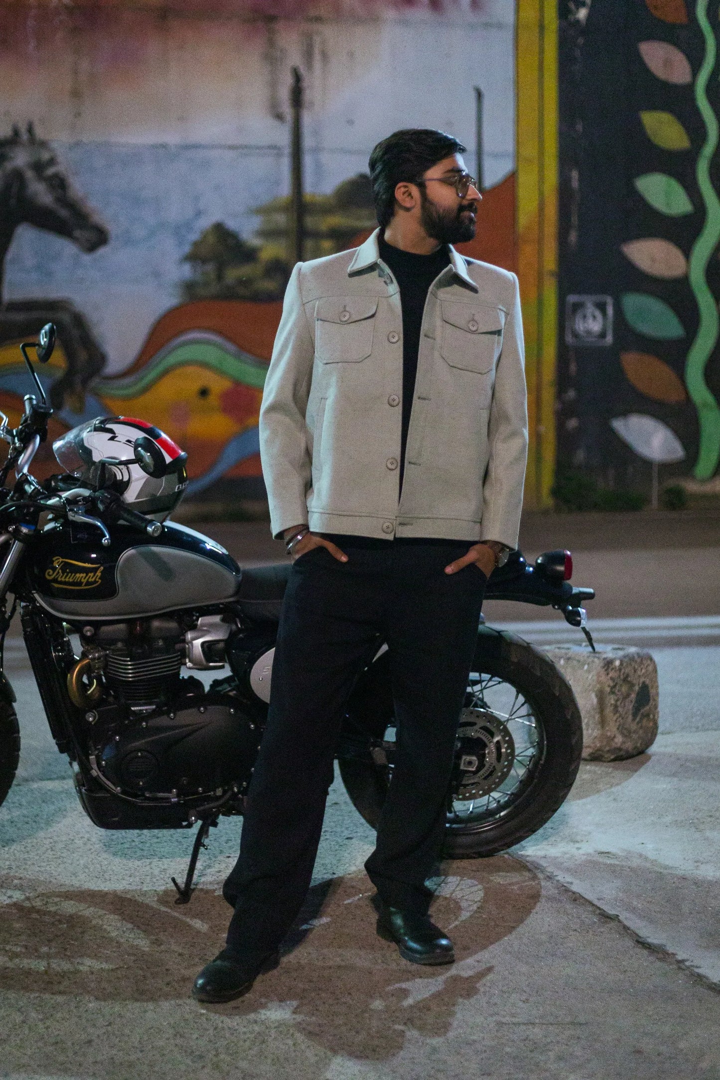 Men Trucker Jacket with Slant Kangaroo Pockets