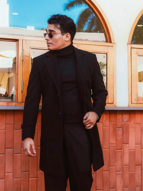 Men Long Coat Solid Weave