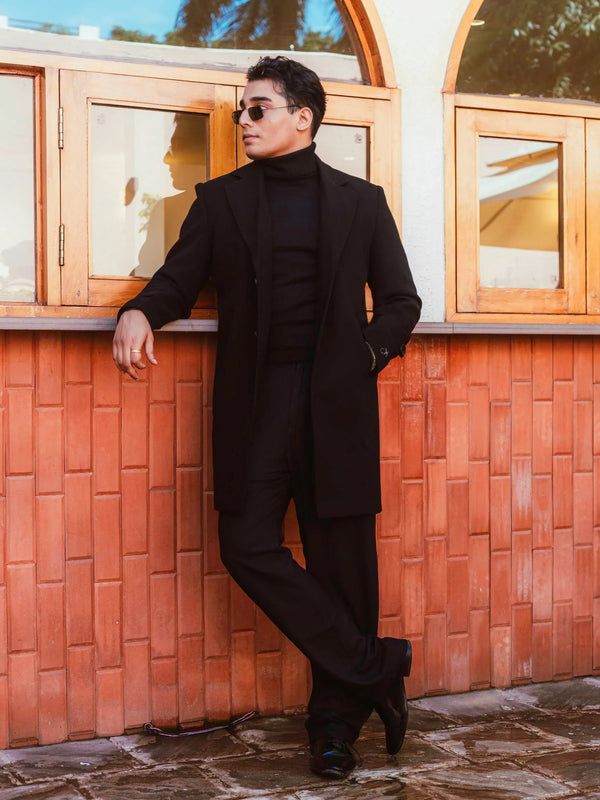 Men Long Coat Solid Weave