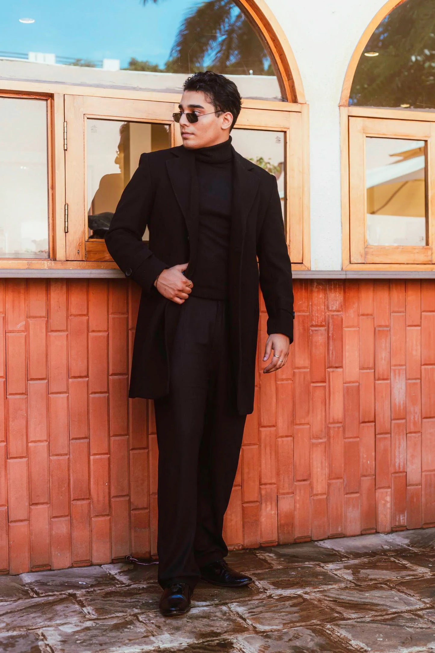 Men Long Coat Solid Weave