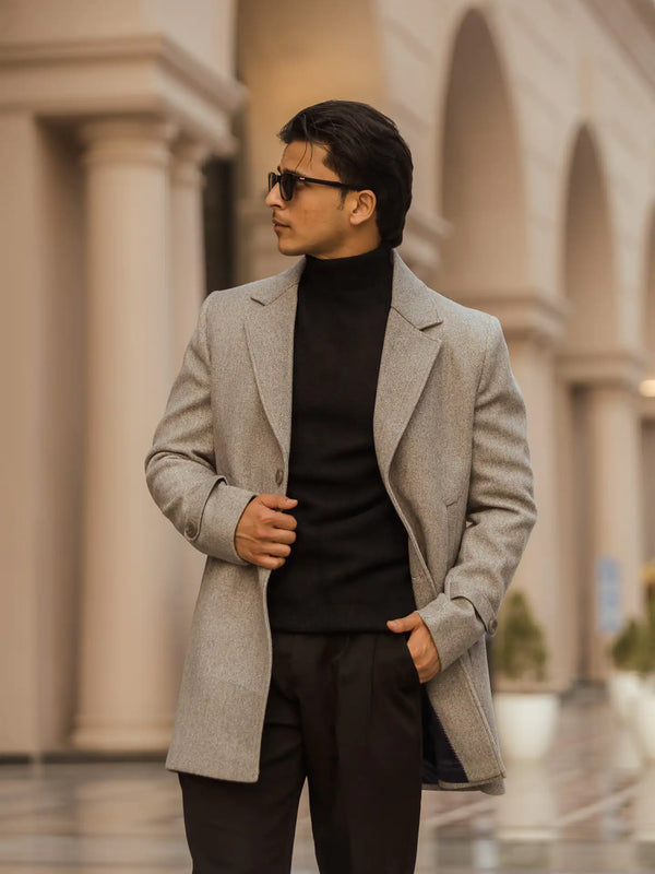 Men Long Coat Solid Weave