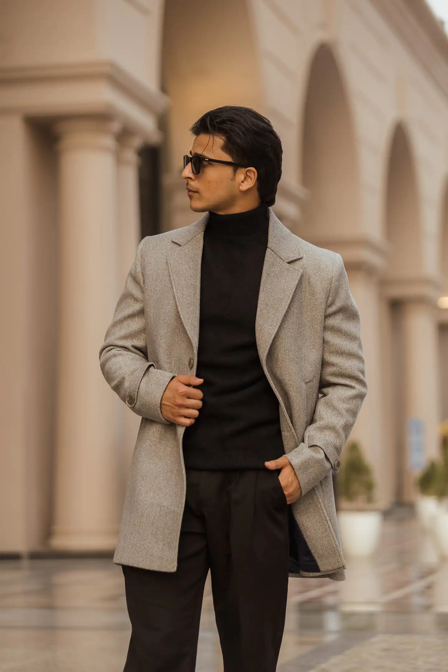 Men Long Coat Solid Weave