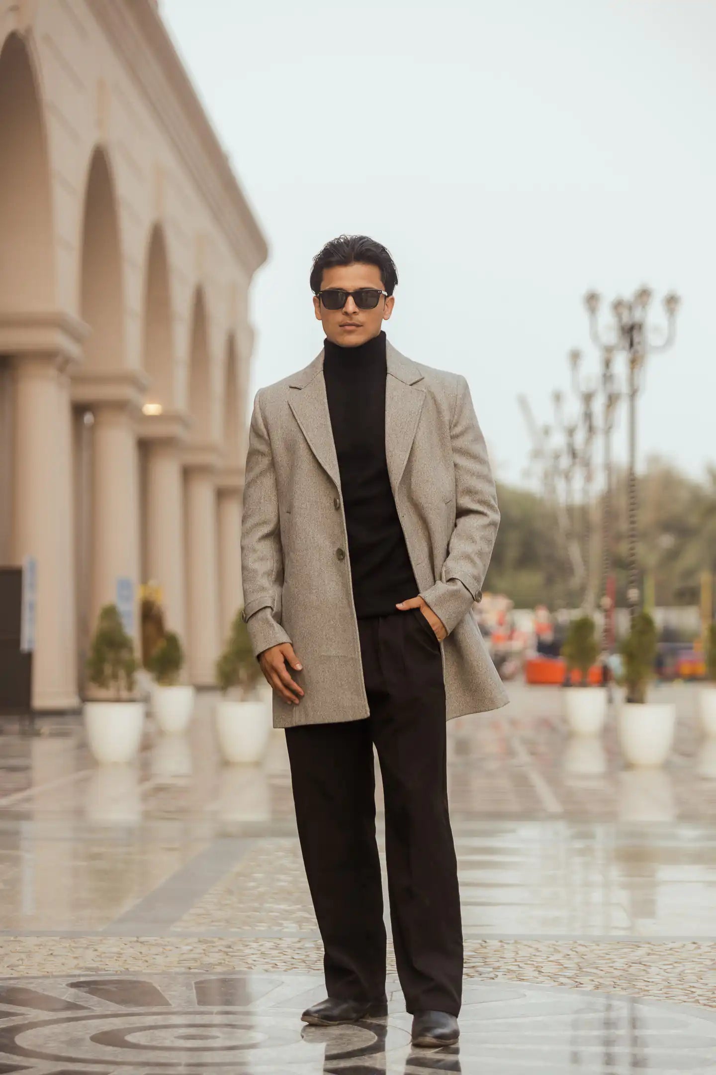 Men Long Coat Solid Weave