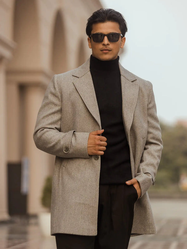 Men Long Coat Solid Weave
