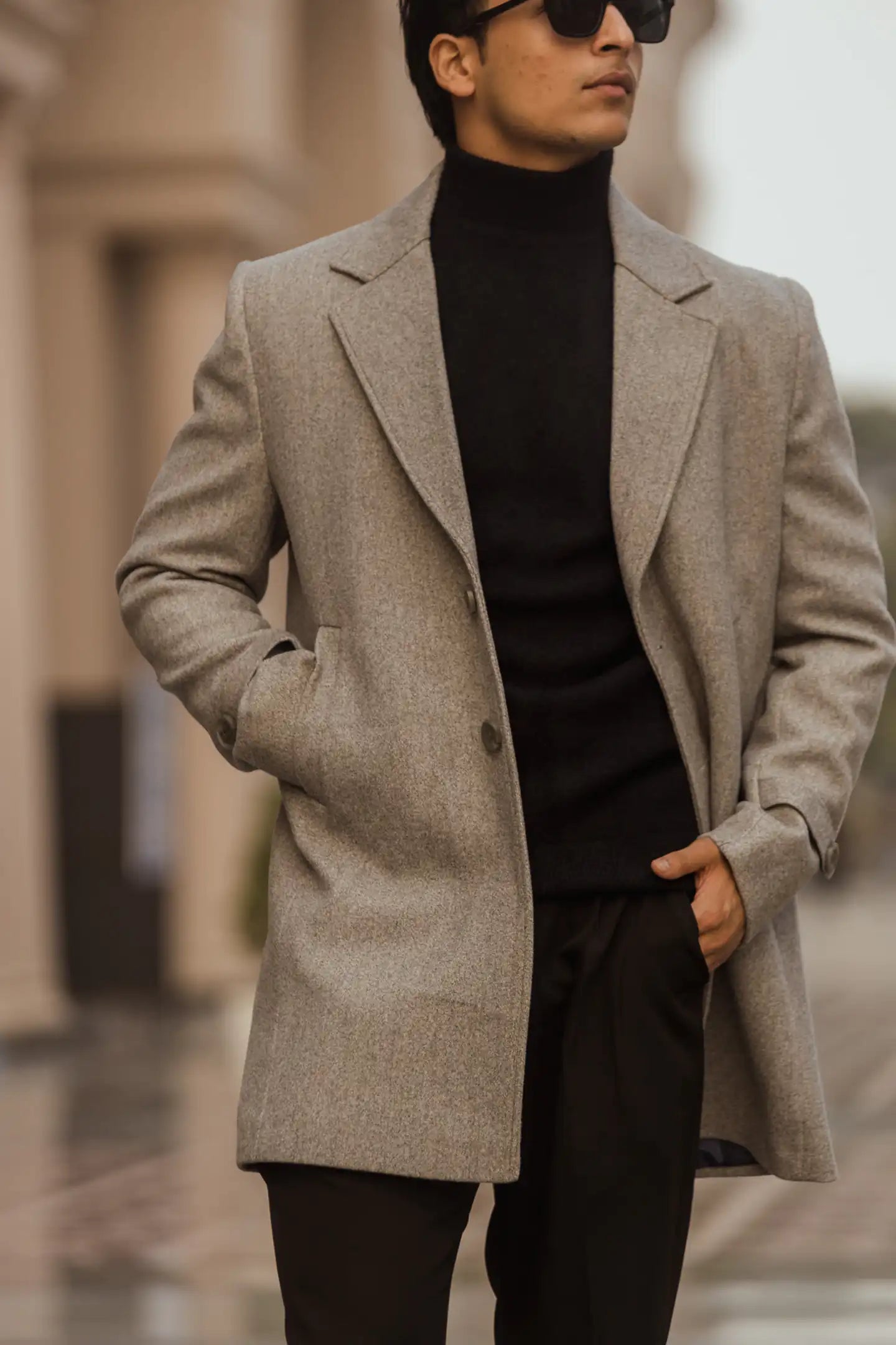 Men Long Coat Solid Weave