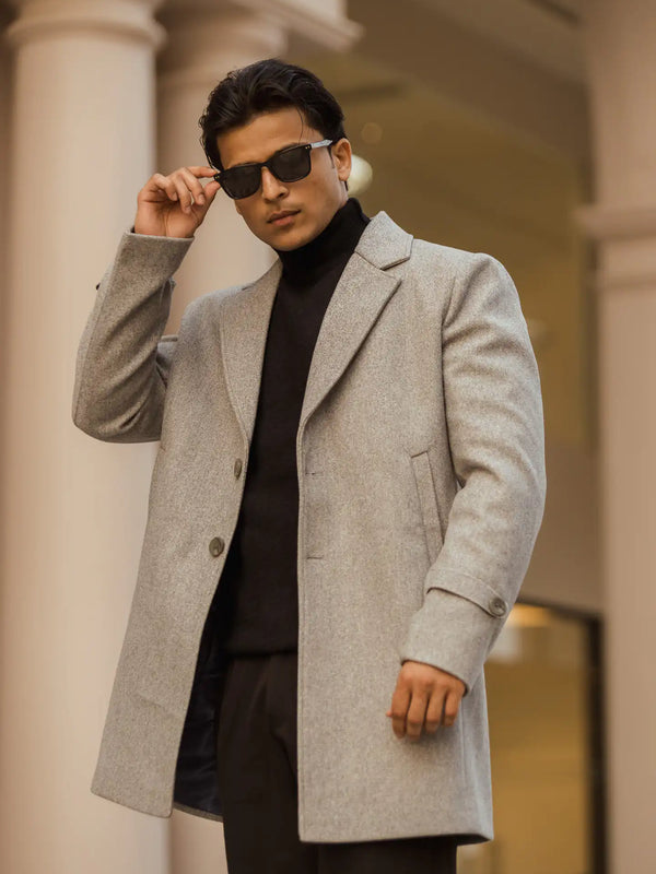 Men Long Coat Solid Weave