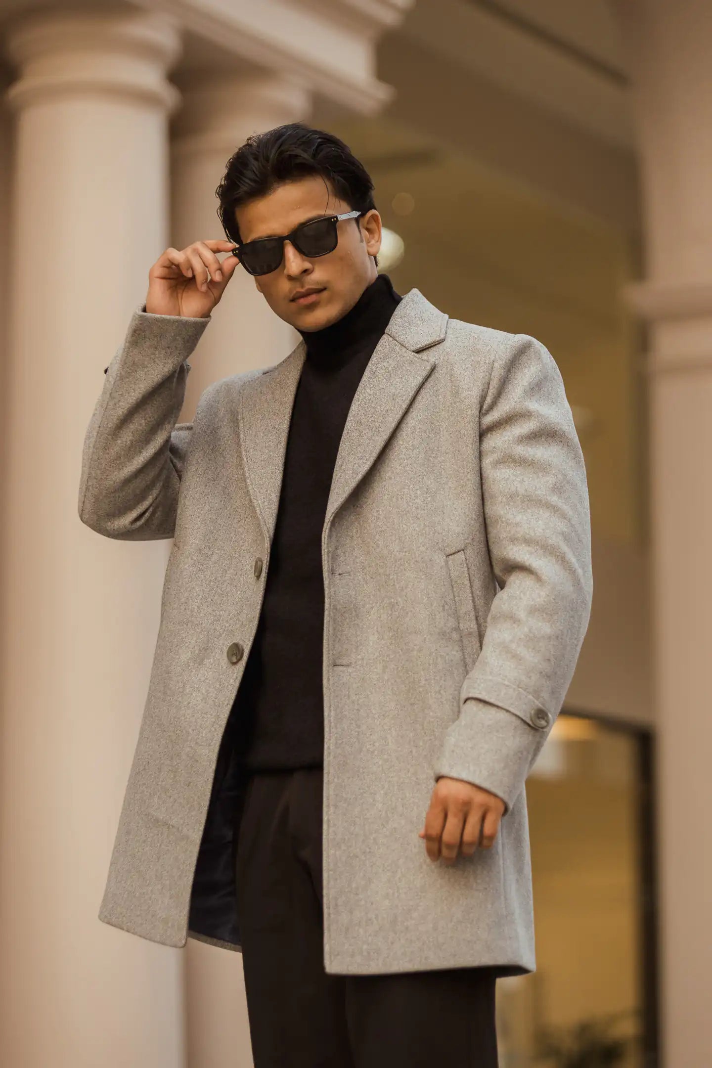 Men Long Coat Solid Weave