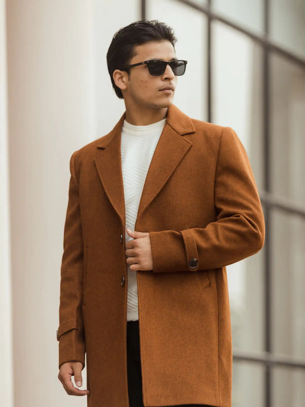 Men Long Coat Solid Weave