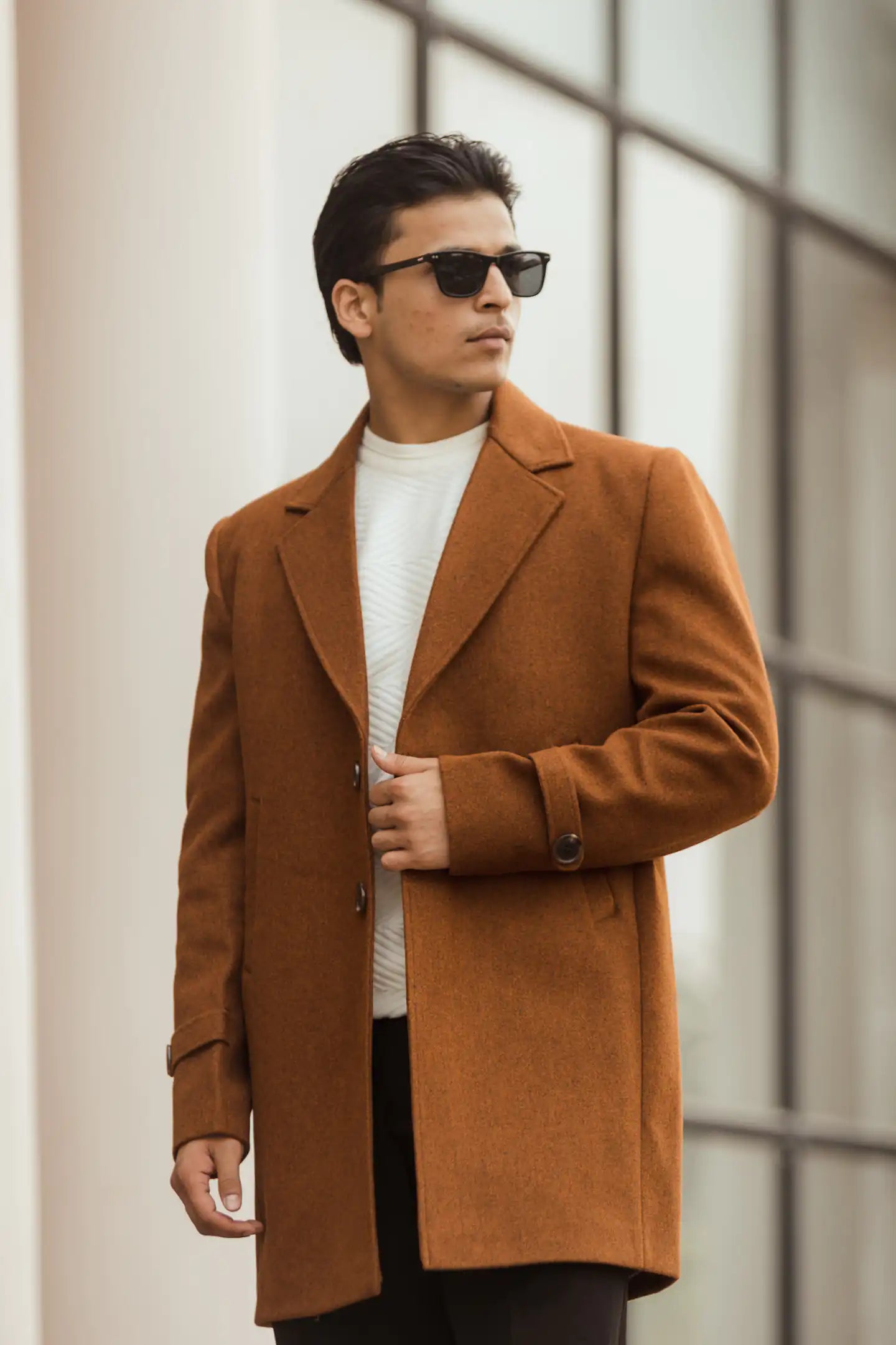 Men Long Coat Solid Weave