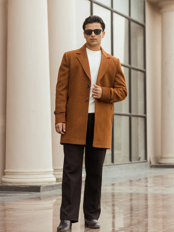 Men Long Coat Solid Weave