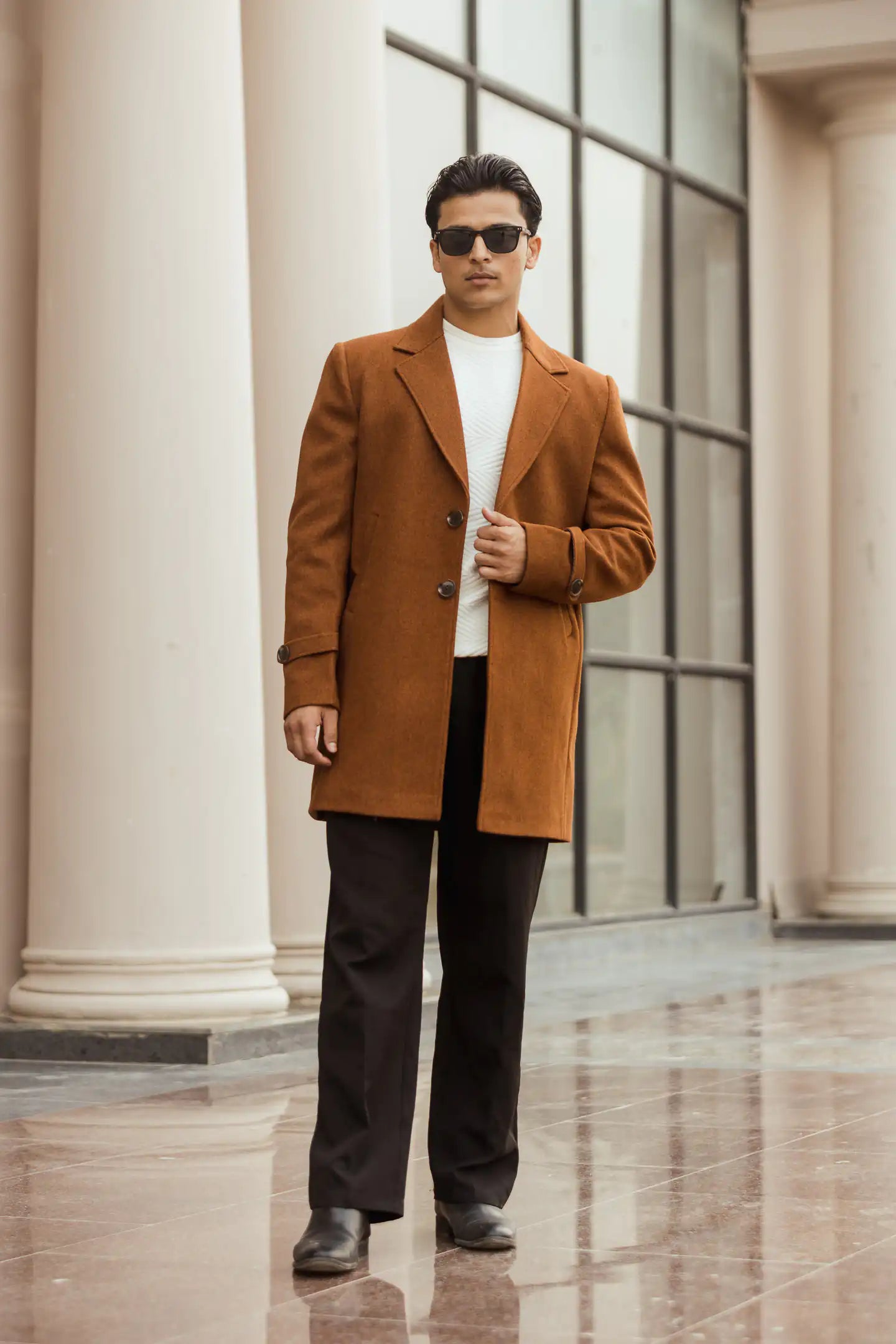 Men Long Coat Solid Weave