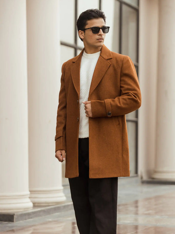 Men Long Coat Solid Weave