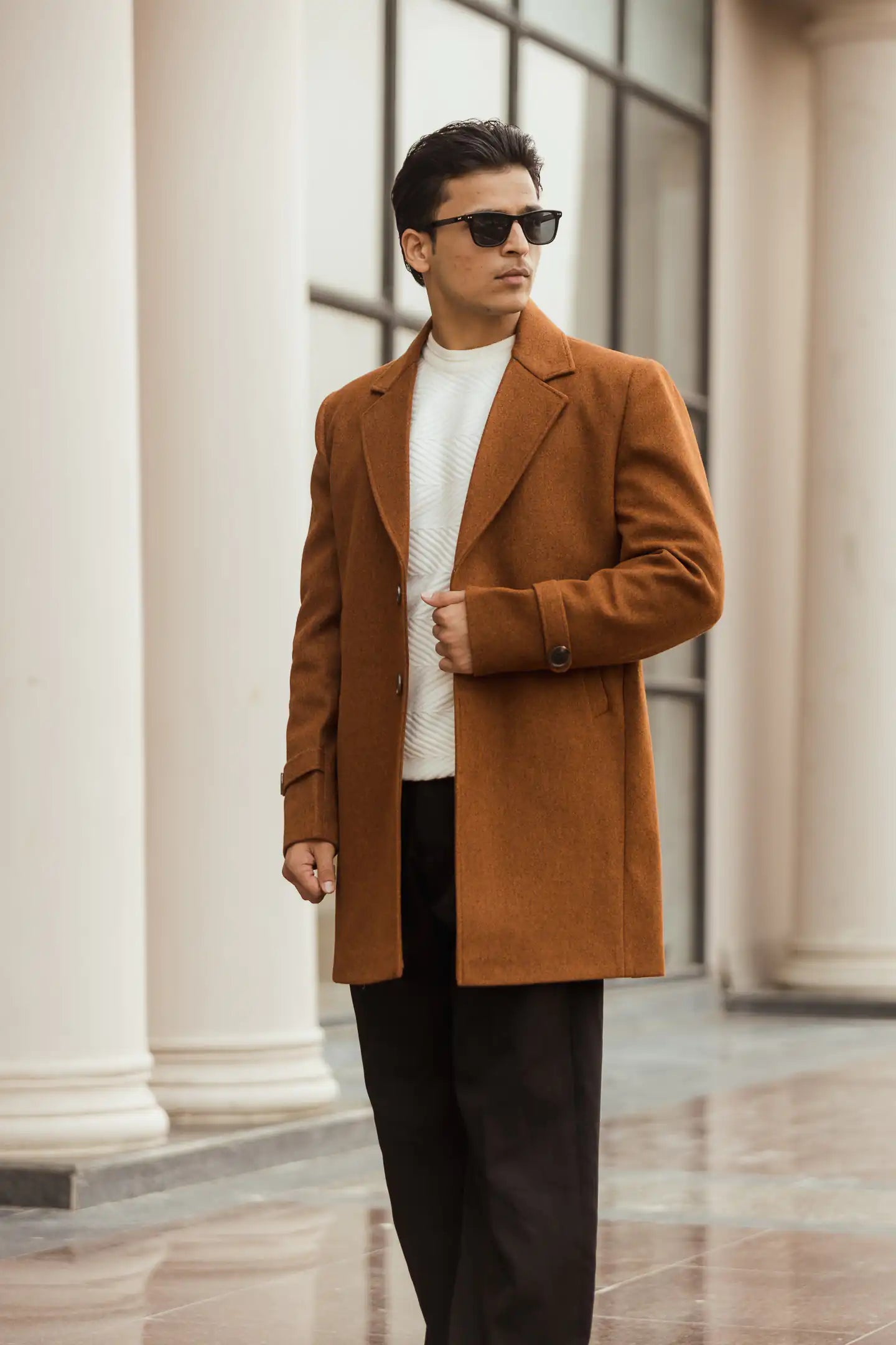 Men Long Coat Solid Weave
