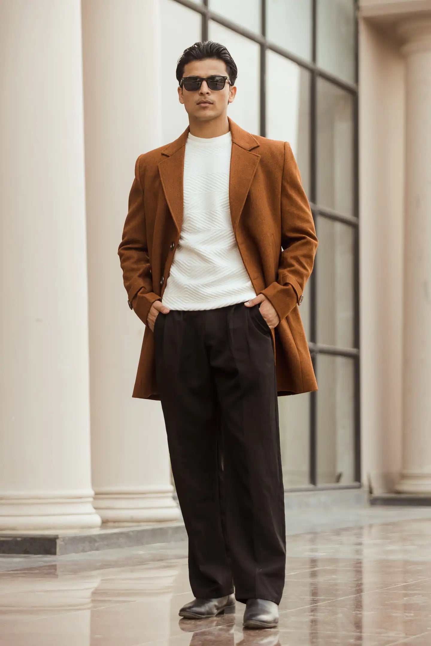 Men Long Coat Solid Weave